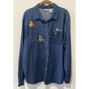 Vintage Cat Lady Shirt Women’s XL Tall Embroidered Denim Cabin‎ Creek Button 90s